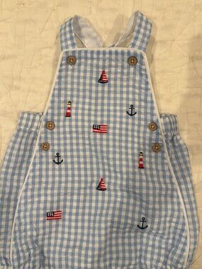 Mud Pie Blue and White Gingham Nautical Embroidered Romper